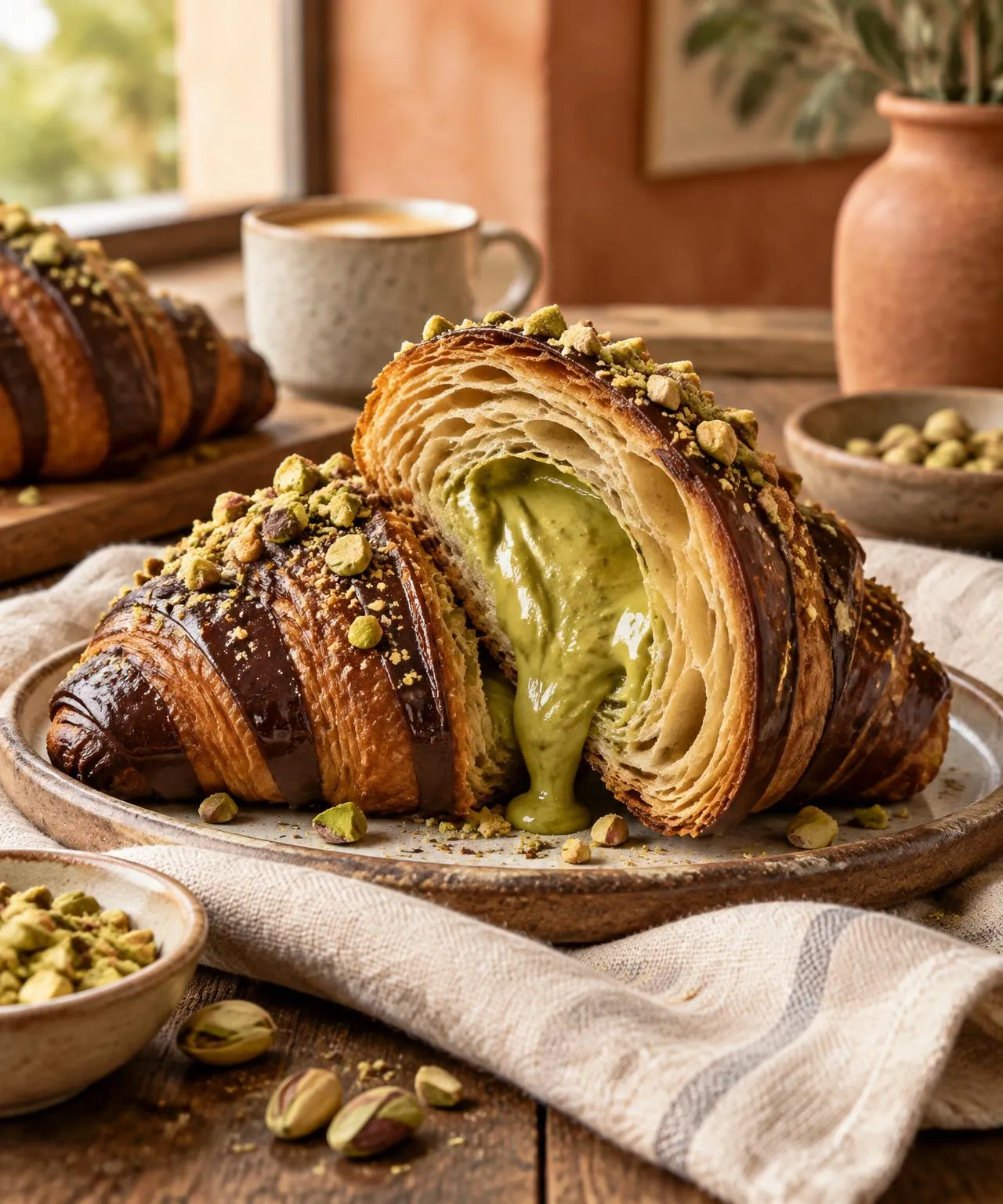 Croissant de chocolate y pistacho abierto, con crema de pistacho y capas de hojaldre de manteca