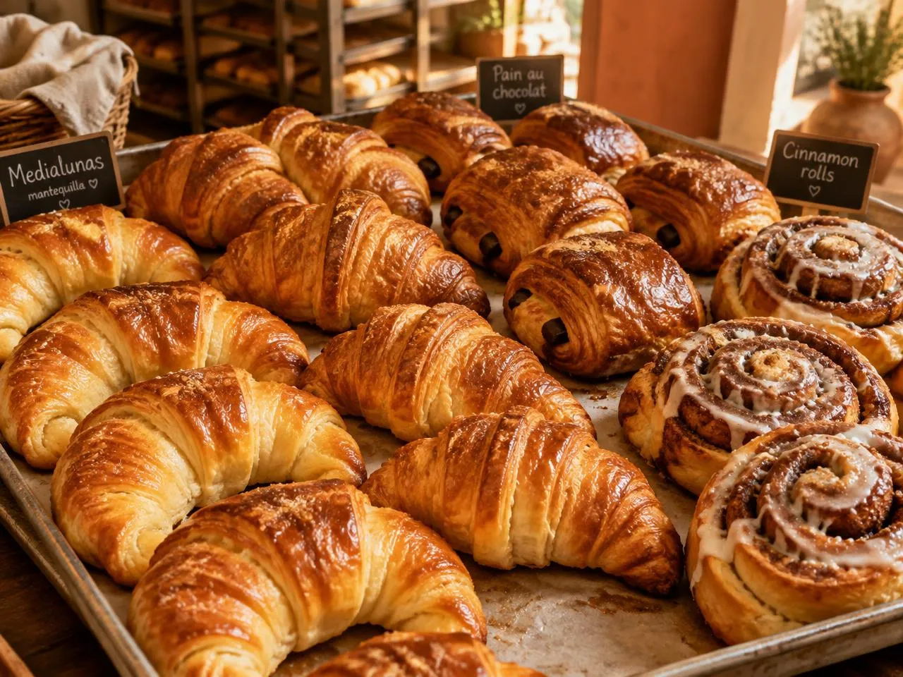 Bandeja de medialunas de manteca, croissants, pain au chocolat y rolls de canela recién horneados